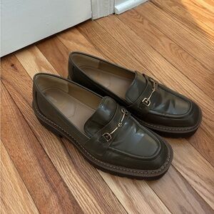 Olive Loafers with Gold Detailing